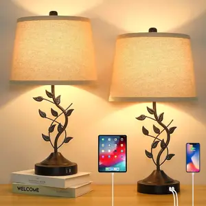 Dimmable Touch Table Lamps for Living Room Traditional Lamps for Bedroom with 2 USB Charging Ports Bedside Nightstand Lamps for Reading Retro Vine Lamps End Table Office, Bulbs Included