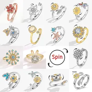 SMJEL Fashion Cherry Blossom Anxiety Ring Fidget Spinner Rings for Women Cute Cat Bee Bunny Butterfly Rotating Ring Wedding Gift