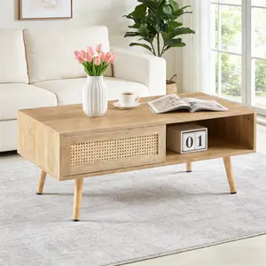 41.34" Modern Rattan Rectangular Coffee Table - Sliding Storage Door, Solid Wood Legs, Stylish Living Room Center Table, Rectangular Coffee Tables