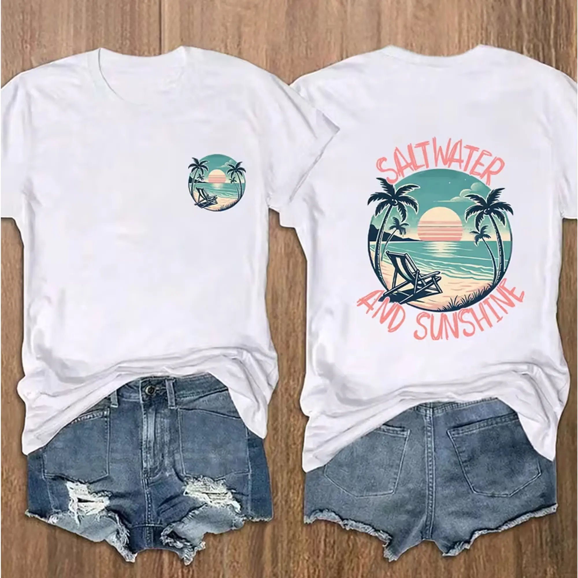 "Front And Back Print" Short Sleeve Round Neck T-Shirt 2026 Summer New White Casual Letter Beach Palm Tree Seaside Vacation Pattern Print Women'S Fun Regular Top | Breathable Fabric