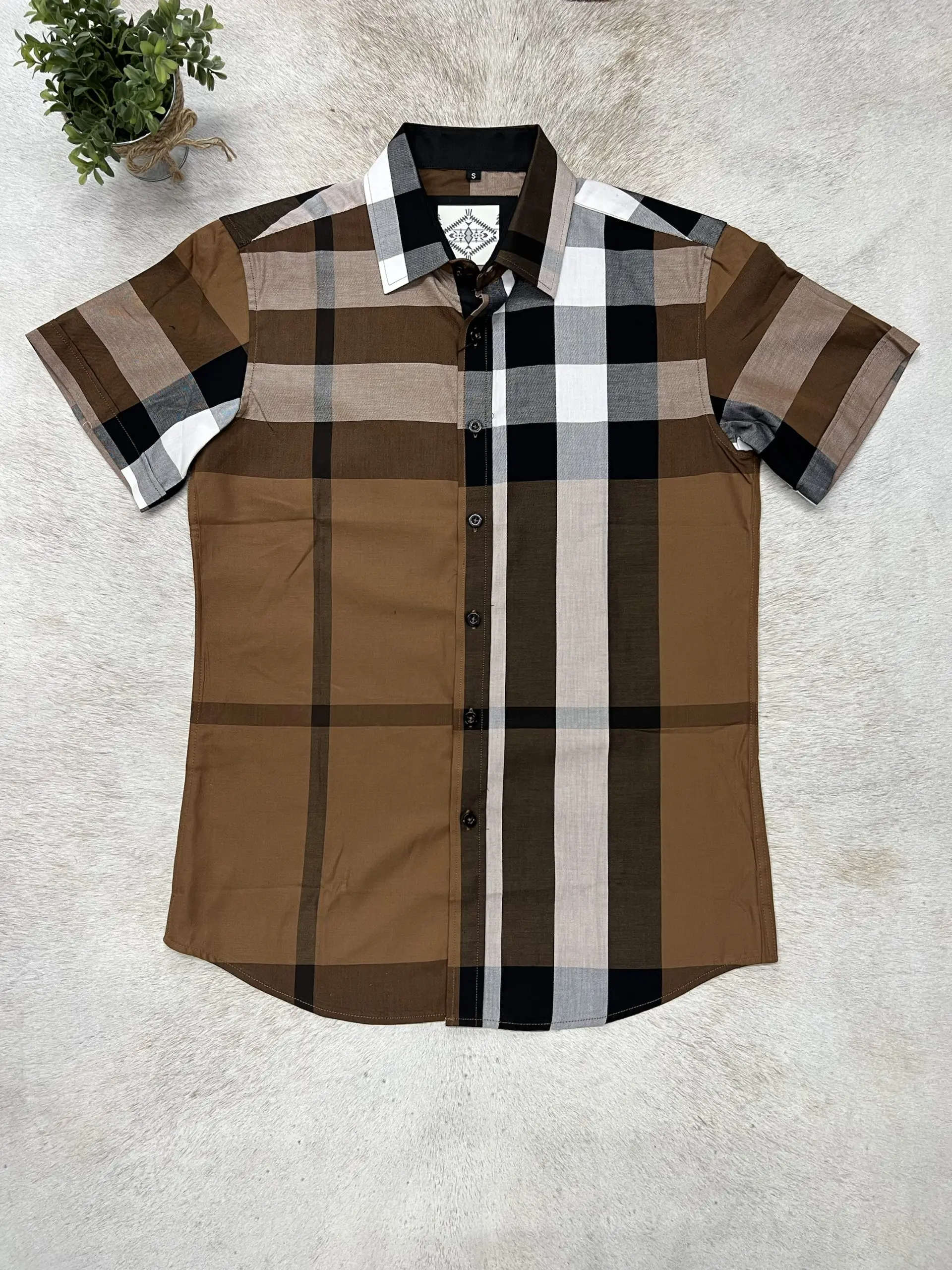 Men's Shirt Short Sleeve Checkers Brown