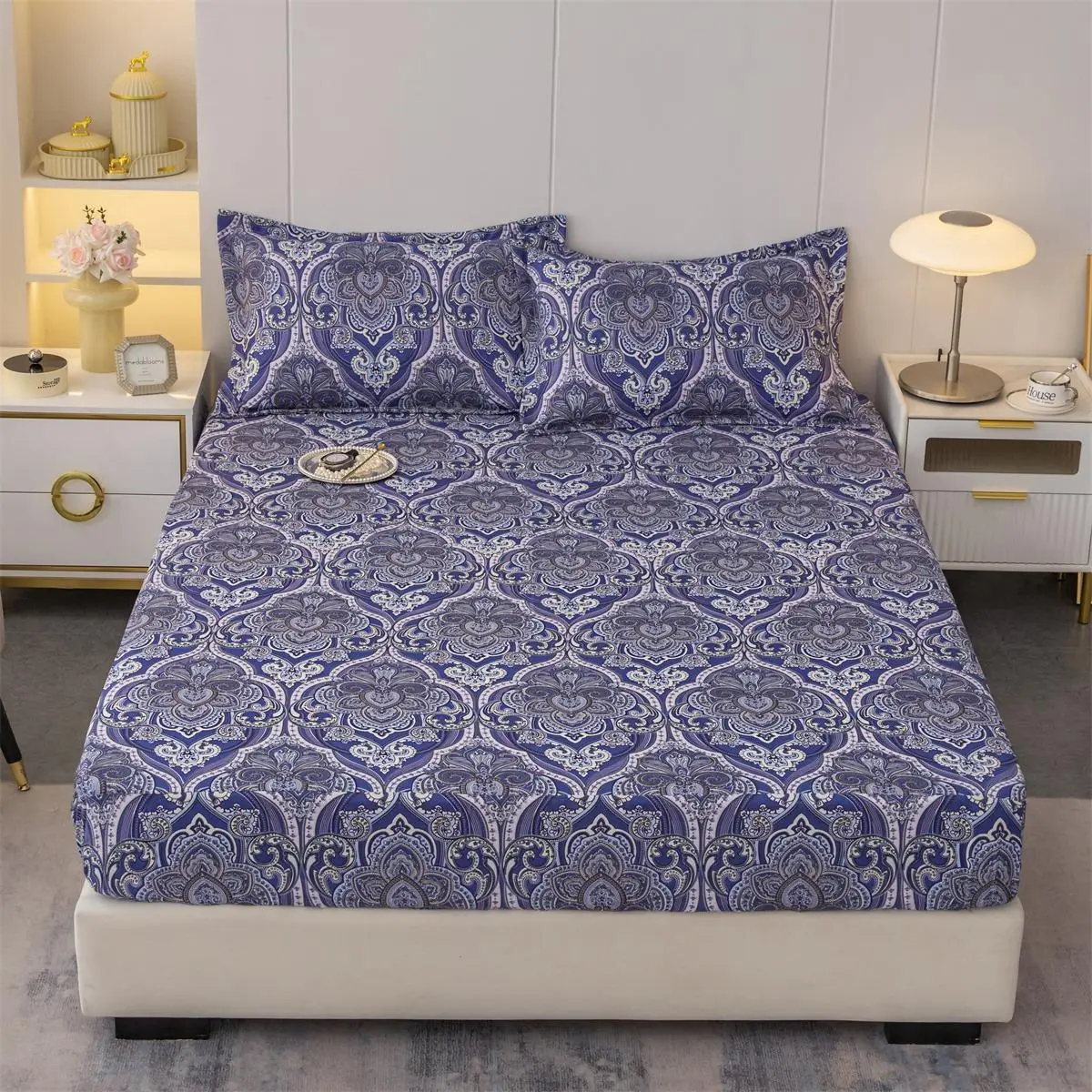 Vintage Geometric Print Bedding Set (3 Counts), Including 1 Count Fitted Sheet & 2 Counts Pillowcase without Filler, Soft Comfortable Bedding Set for