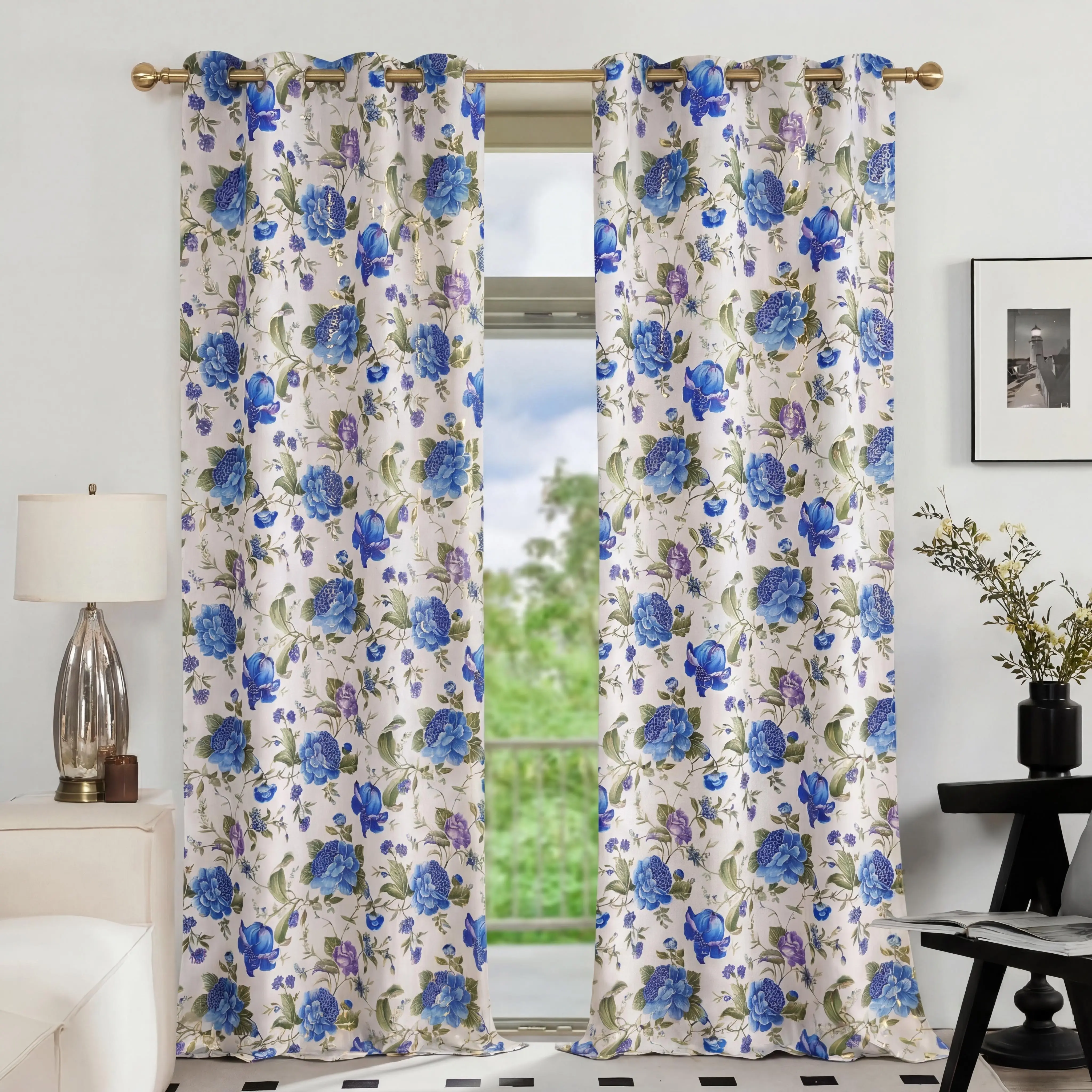 Grommet Curtains - 2-Panel Foil Metallic Floral Print 52x84in Durable Rose Blackout Drapes, Thermal Insulated, Soundproof, Home Decorative Curtains for Bedroom, Hand Wash Only QF121
