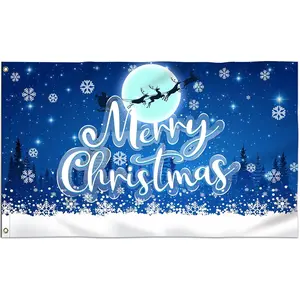 Merry Christmas Flag - 3x5 Ft Blue Flag - with Metal Grommets for New Year Holiday Indoor Outdoor Decorations House Party Garden Yard