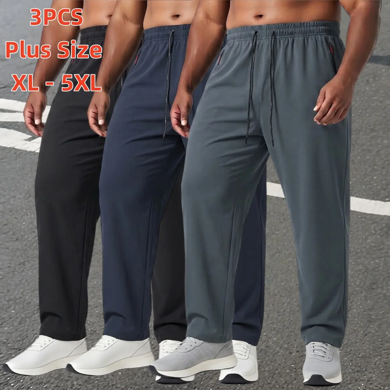 3-piece set Men's Plus Size XL-5XL Quick Dry Athletic Pants Elastic Drawstring Waist Zipper Pockets Premium Value Moisture Wicking Breathable Lightweight Stretch for Big & Tall Men Gym Casual Wear