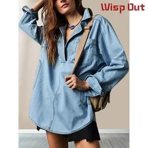 Women'sDenimPulloverLeisureButtonV-neckShirtLooseDesignLongSleeveDenimJacketwithPockets