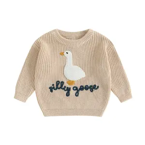 Meihuida Toddler Baby Boy Girl Knit Sweater Silly Goose Embroidery Long Sleeve Knitted Sweatshirt Warm Fall Winter Clothes