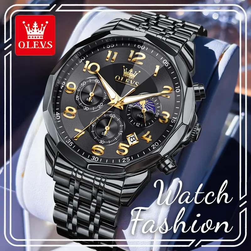 OLEVS 3676 Analog Male Modern Fashionable Wristwatch - 43mm Round Face, Stainless Steel, Premium Texture, 30M-50M Waterproof, Backlit Display, Large Numerals, 24-Hour Indicator, Clasp Closure, Ideal for Daily/Formal Use, Gift-Worthy