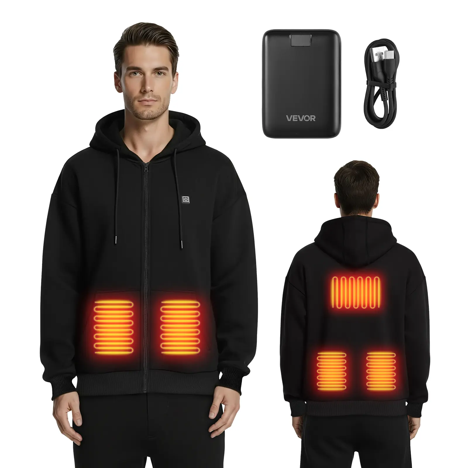 VEVOR Men's Heated Zip-Up Fleece Hoodie, Unisex Loose Fit Full-Zip Cotton-Polyester Top with 7.4V 16000mAh Power Bank, 5 Heating Zones, 3 Temp Levels, 4-8H Warmth, 1 Pocket, for Winter Outdoor Camping, Black, Zipper, Zip Up Hoodie