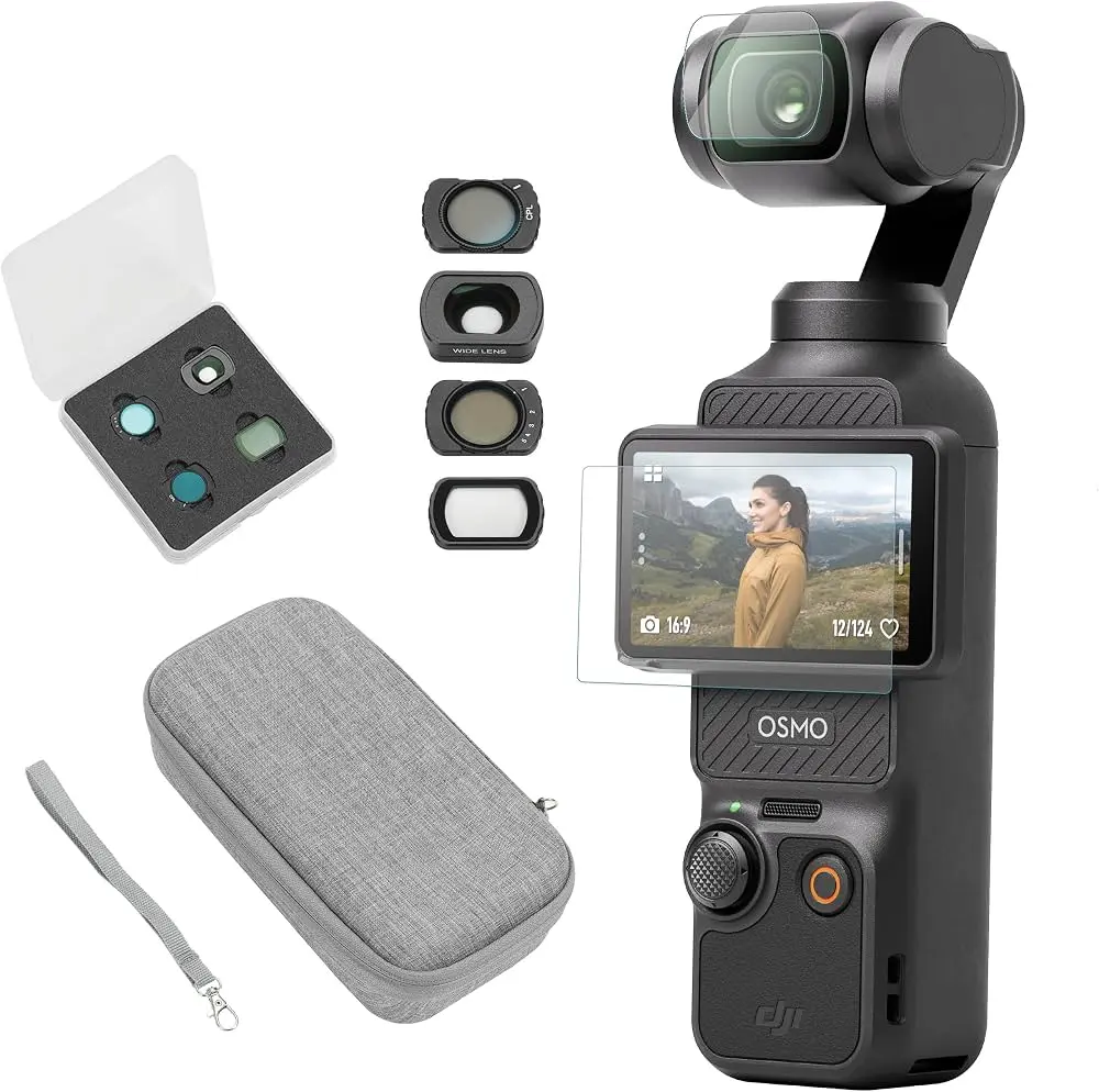 DJI Osmo Pocket 3 Action Camera - 1'' CMOS, 4K/120fps Video, 3-Axis Stabilization, Fast Focusing, Face/Object Tracking, with Carrying Case, Screen Protector, Filter Kit
