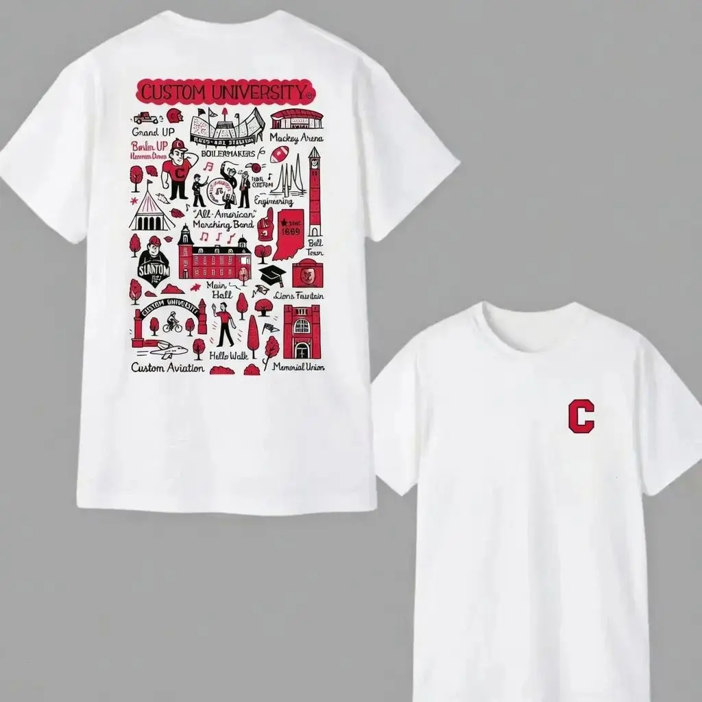 Custom University Hand Sketched T-Shirt - White, Personalized College, Game Day Outfit, Cozy Vintage-Style Top for Sports Lovers, Menswear & Womenswear