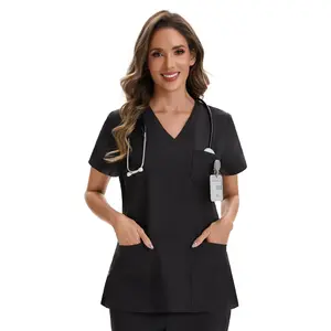 VECARDI Women's V-Neck Black Scrub Top | 2-Pocket Stretch Breathable Short Sleeve Uniform for Nurses, Doctors & Healthcare Staff