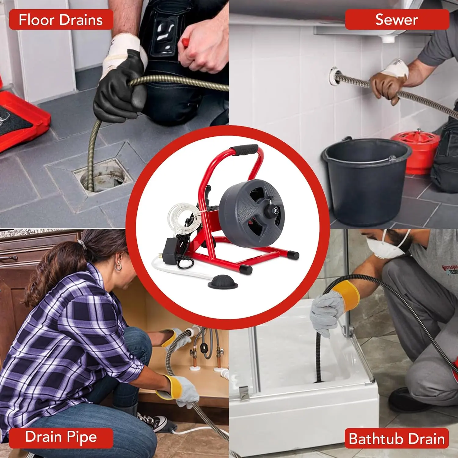 GARVEE 50Ft x 5/16 Inch Electric Drain Cleaner Machine -Drain Snake- 50ft Model, Ergo Handle, Heavy Duty Drain Auger for 3/4 to 3 Inches Pipe Clearing