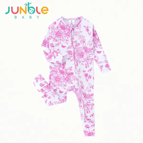JUNBLEBABY Bamboo Newborn Floral Print Sleepwear - Pink Ribbed Butterfly 2-Way Zip Onesie, Soft Viscose Convertible Footed Romper Pajamas with Front Zipper for Quick Bedtime Prep, Zipper Front Speeds Up Bedtime Prep, Baby Clothing, Long Sleeve, Arm Sleeve