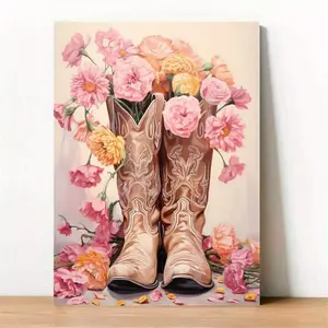 Chic Floral Cowgirl Boots Canvas Art Print - Pink Boho Girl Wall Decor,  Modern Western Poster For Living Room Decor, Bedroom Decor, Home Office Decor