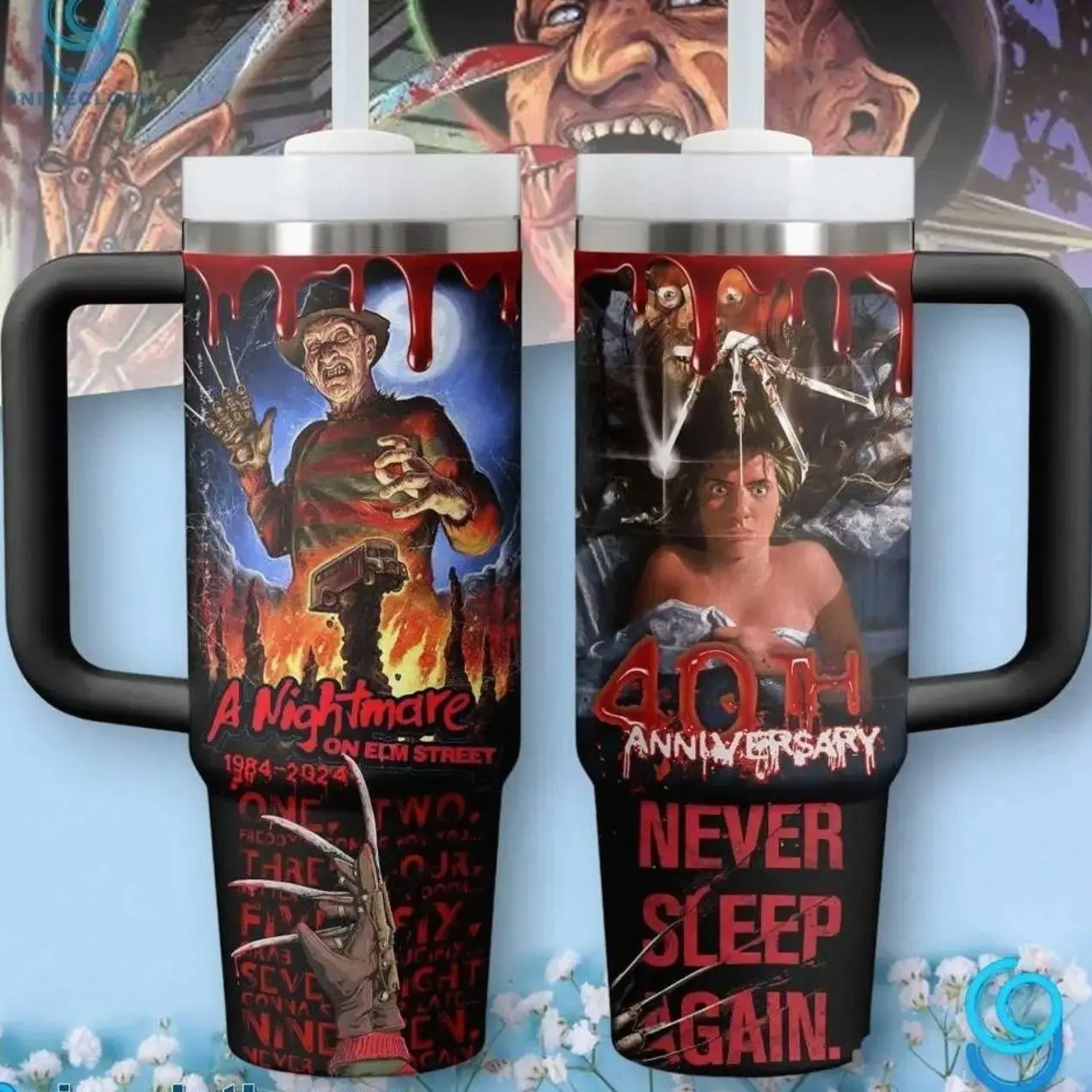 A Nightmare on Elm Street 40th Anniversary 40oz Tumbler with Handle & Straw, Freddy Krueger Never Sleep Again Insulated Stainless Steel Travel Mug, Classic Horror Movie Fan Gift, Slasher Coffee Cup,