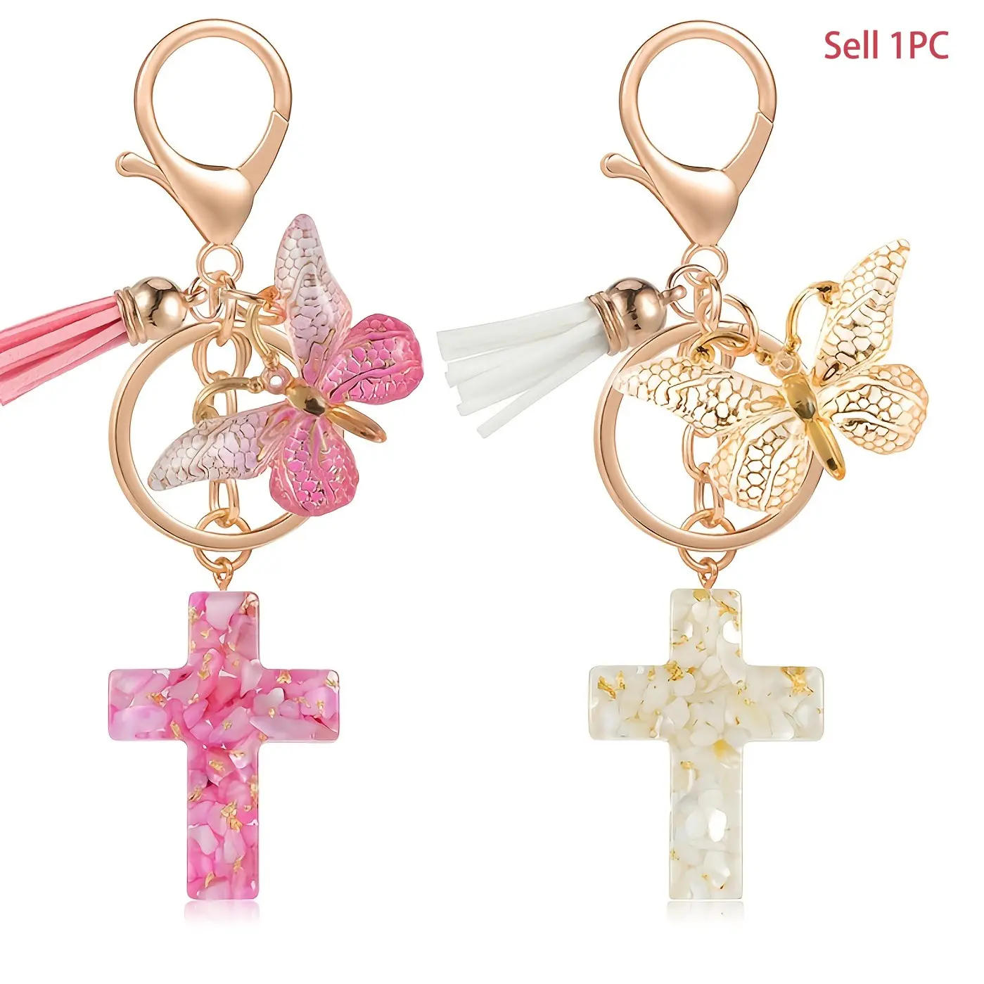 1pc Cross Keychain Pendants with Butterfly & Tassel Decor, Versatile Decor Pendants - Fit for Backpacks, Handbags, Keys, Christian Gift, Birthday Gift,Pink and White, party decoration，party gift, Key Charms, Keychain Accessory
