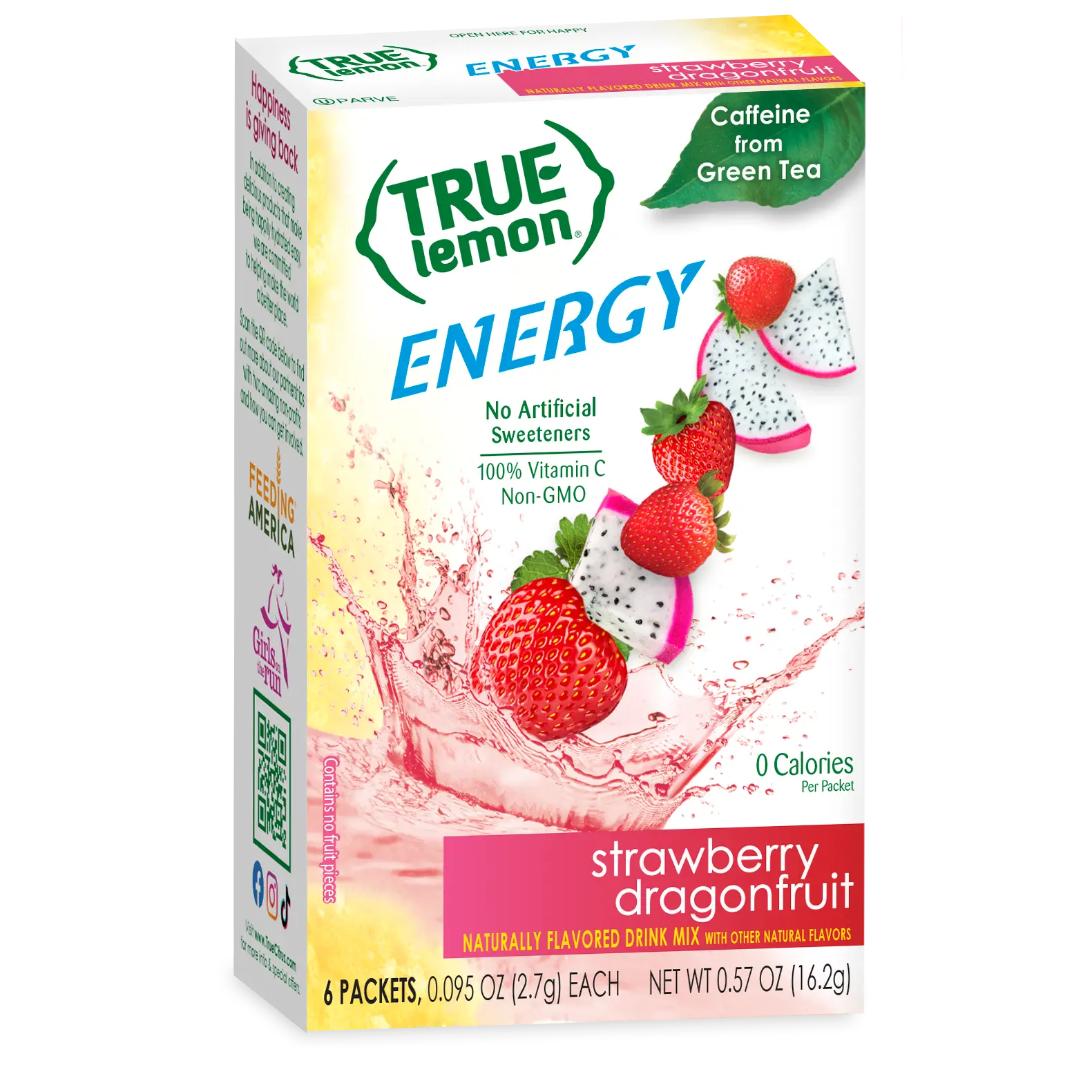 True Lemon Energy Strawberry Dragonfruit Drink Mix | 120mg Green Tea Caffeine | 0 Cal, 0g Sugar