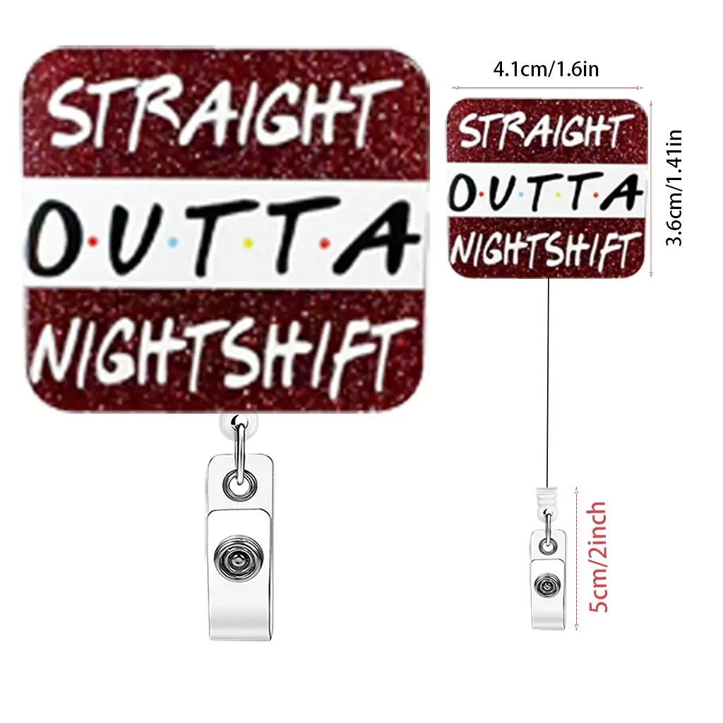Two work card telescopic buckles, Retractable badge holder, Nurse Badge Reel, Nursing badge reel, with "STRAIGHT OUTTA NIGHTSHIFT" text, telescopic clip, suitable for night shift workers, Id Badge Holder