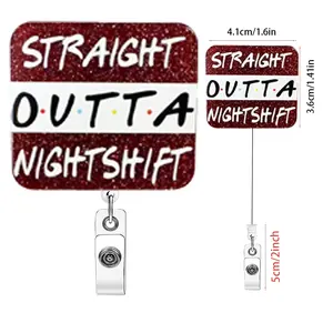 Two work card telescopic buckles, Retractable badge holder, Badge Reels Retractable, with "STRAIGHT OUTTA NIGHTSHIFT" text, equipped with telescopic structure and clip, suitable for night shift workers, Id Badge Holder