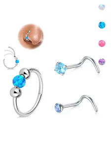 Elegant Stainless Steel Nose Ring Set, Hypoallergenic 20g Curved Barbell with Colorful Gems, Hinged Cartilage Earrings for Men & Women, Septum Clicker Ring, Hinged Nose Hoops