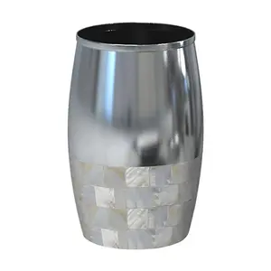 212 MAIN NuSteel Jakarta Natural Marble Toothbrush Holder - Shiny Finish, Rattan Accents, Silver Dispenser, Elegant Bathroom Accessory for Home Restroom Storage