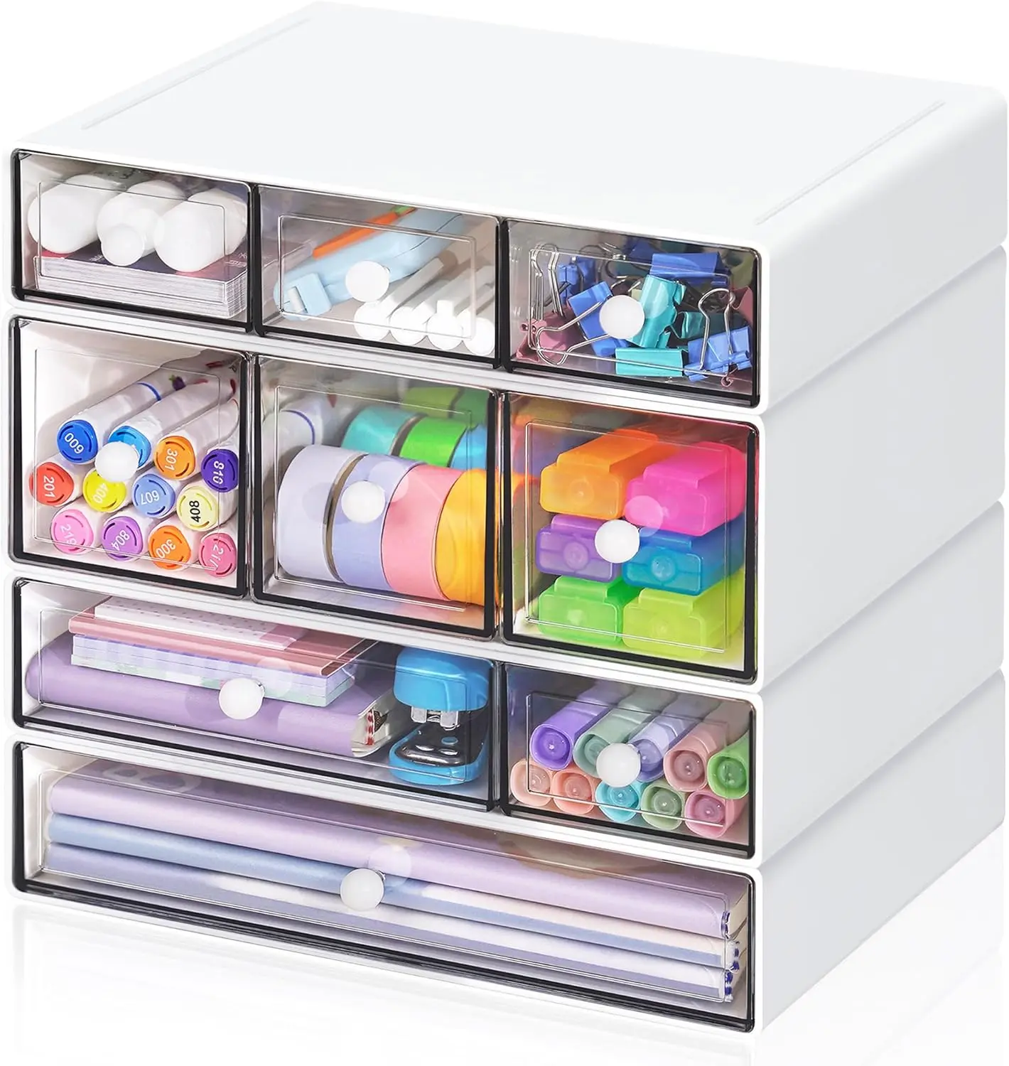 Desk Storage Organizer with 9 Drawers,  4 Tiers Stackable Desktop Craft Storage Drawers, Clear Storage Box  for Stationary Makeup  Office Craft Supplies (White)