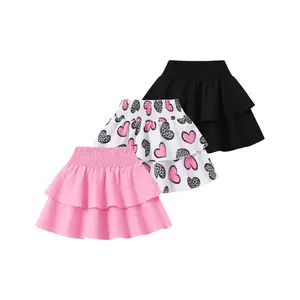 3-Pack #SummerVibes Girls' Summer Heart-Print Solid-Color Midi Skirts: Girls' Elastic-Waist Ruffled Short Skirts, Stylish and Versatile Princess Tulle Skirts, Fashionable and Versatile Children's Skirts