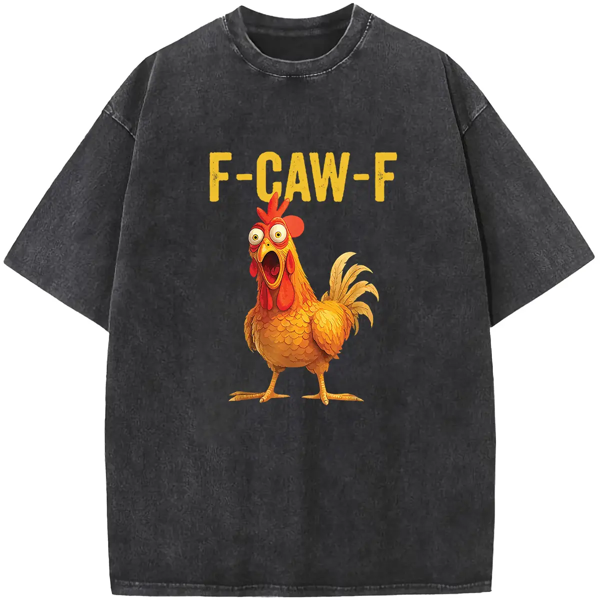 Holafish ”F-Caw-F" Rooster Pattern Acid Wash T-Shirt Women's Cotton Oversized Half Short Sleeves Casual Loose Fit Solid Streetwear Tee Tops for All Seasons - Womenswear
