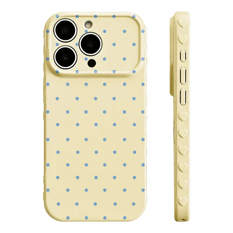 Polka Dot Heart Border Shockproof Cellphone Case, Glossy Soft TPU-Polycarbonate Composite Casing Cover, Slim, Smooth, Fingerprint-Resistant, Non-Slip Grip, Cute Embossed Side Borders, Full Camera Lens Cut, Protective Accessory Gift for Girls, Smartphone,