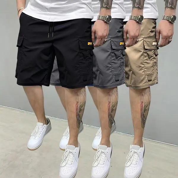 Men's 3-Piece Plain Streetwear Utility Outfits - Hoodie, Multi-Pockets Cargo Shorts, Comfortable Stylish Outdoor Clothes, Suitable for Everyday Casual & Sports Wear, Beige
