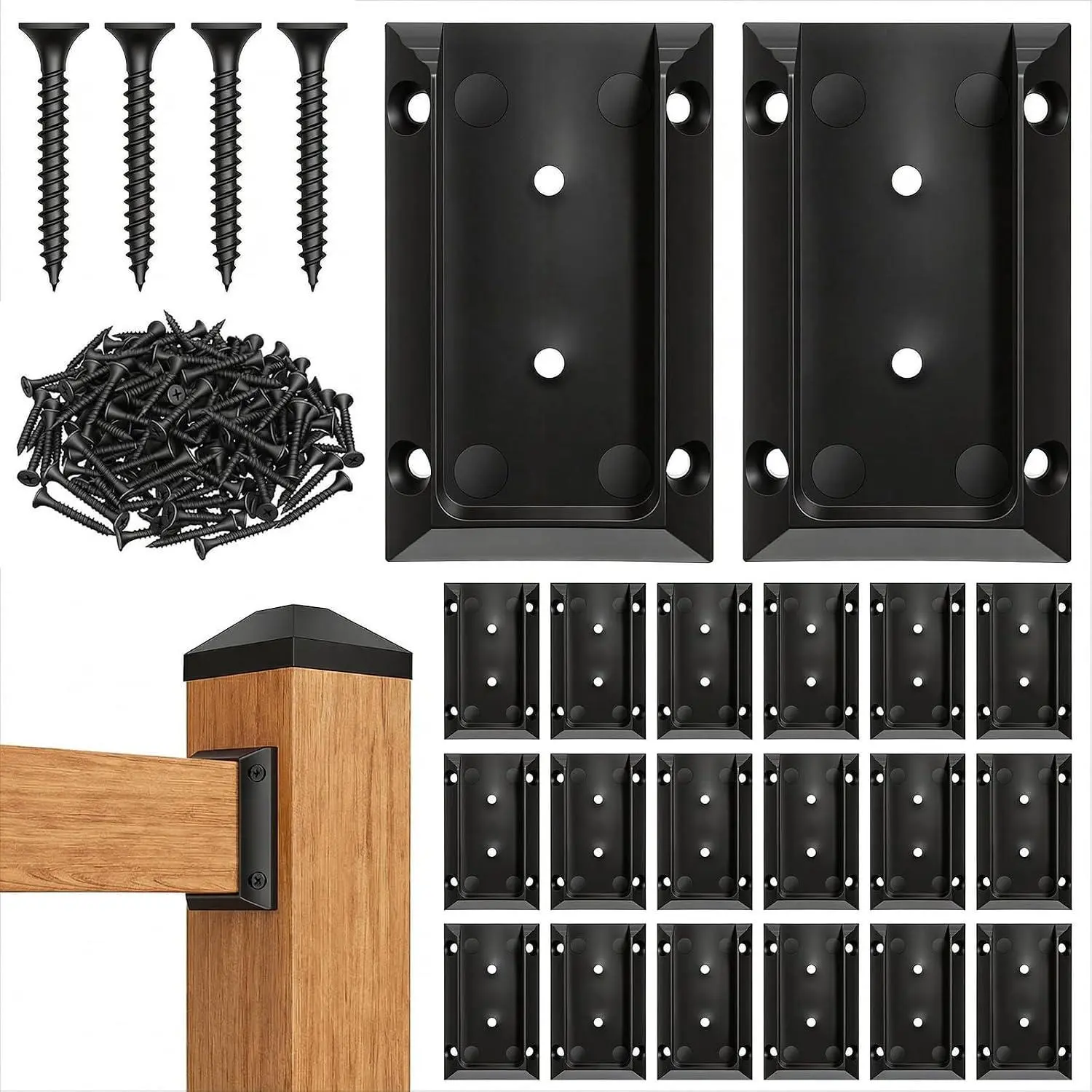 20pcs Adjustable 2x4 Wood Deck Railing Brackets with 120 Screws, Deck/Fence Post Connectors for Vinyl Porch Handrail, Barn & Beam End Installation Tools, Brackets + Screws