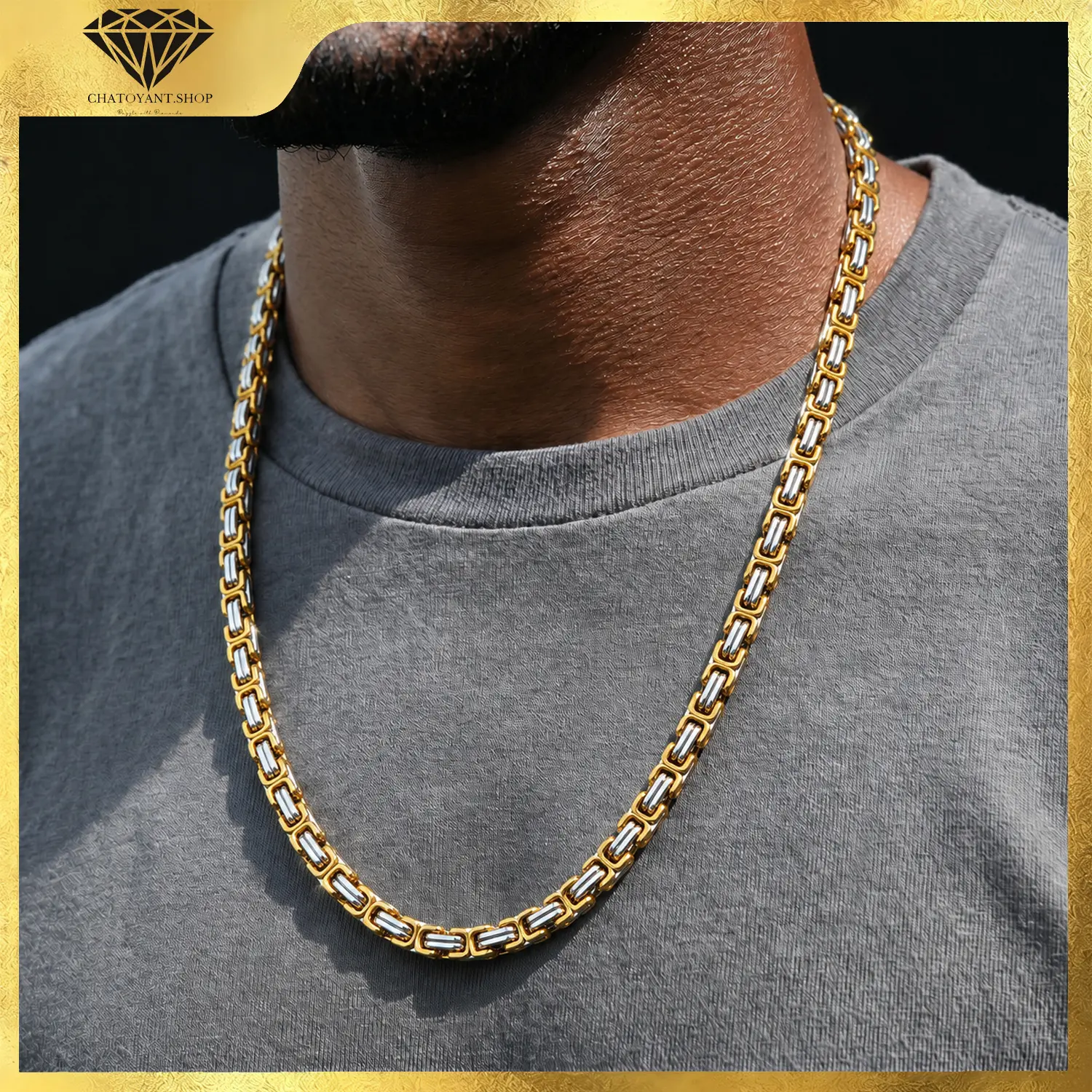 Flat Byzantine Link Chain Necklace for Men Jewelry Gift | 5mm Width, Black/14K Gold Plated Byzantine Chain, Durable & Stylish Mens Necklace for Daily Wear, 24 Inch