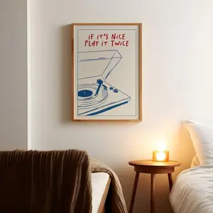 Music Wall Art Play It Twice Record Player Poster Retro Groovy Print Gift Music Lover Home Vintage Exhibition French Poster Trendy Gift (No Frame)