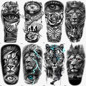 8 Pcs Lion Arm Temporary Tattoo Stickers, Waterproof Tiger Clock Floral 3D Eye Lightning Design, Unisex Leg Arm Fake Sleeve Tattoos, Body Fake Tattoos, Waterproof Realistic Tattoos