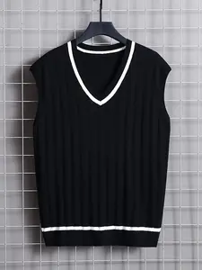 Men's V-Neck Knitted Vest, College Style Casual Colorblock Striped Sleeveless Sweater, Spring & Fall Layered Wear, Versatile Waistcoat Top, Sleeveless Vests