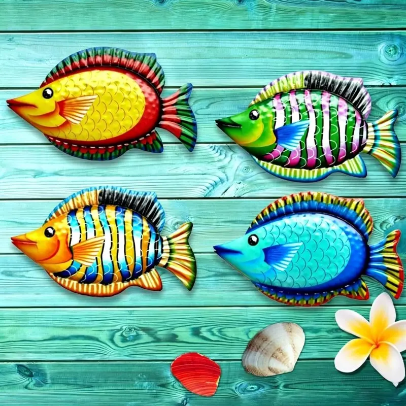 4-Pack Colorful Metal Fish Artistic Ocean Inspired Design Decorative Wall Art, Iron Crafted, Indoor Outdoor Decor, Decoration for Yard, Fence, Pool, Patio, Unique Gift