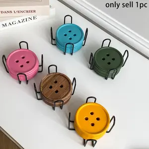 6pcs Original Colorful Button Coaster Set with Cross Iron Stand, Dopamine Round Wooden Kitchen Coasters, Coffee Cup Holder for Home Decor