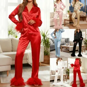 Women Feather Trim Pajamas Set Satin 2 Piece Long Sleeve Button Up Long Sleeve Bridal Shirt and Pjs Pants Sleepwear Loungewear