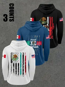 3-Pack Men's Mexican Eagle Cactus Print Cultural Hoodie, Long Sleeve, Loose Fit, Fall Winter Outdoor Casual Wear, Versatile Men's Clothing, Sweatshirts