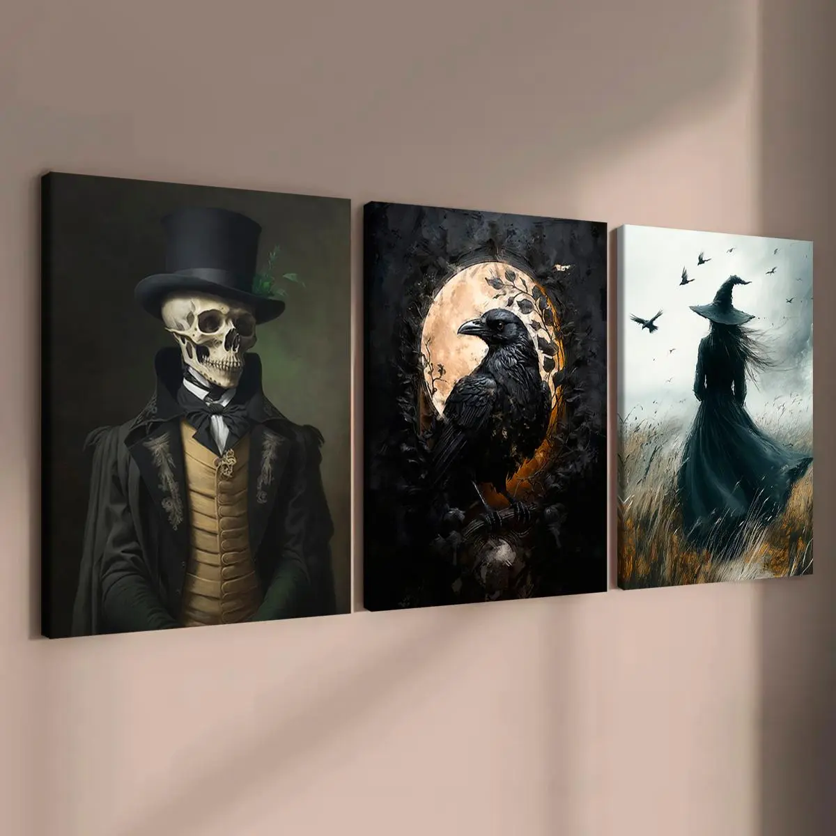 Wooden Framed Canvas Painting, Canvas Prints, 3 Counts/set Halloween Themed Artistic Wall Art, Wall Decor for Home Living Room Bedroom Office, Halloween Decorations