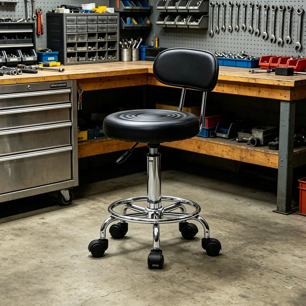 Black PU Leather Adjustable Height Round Office Stool - 360-Degree Swivel, Comfortable Padded Seat, Backrest, Anti-Skidding, Heavy Duty - 13.39x13.39x32.87 Inches, 18.5-24.21 Inches Height Range, 8.82 Lbs - for Home Office Desk, Wfh Setup, Height Adjust