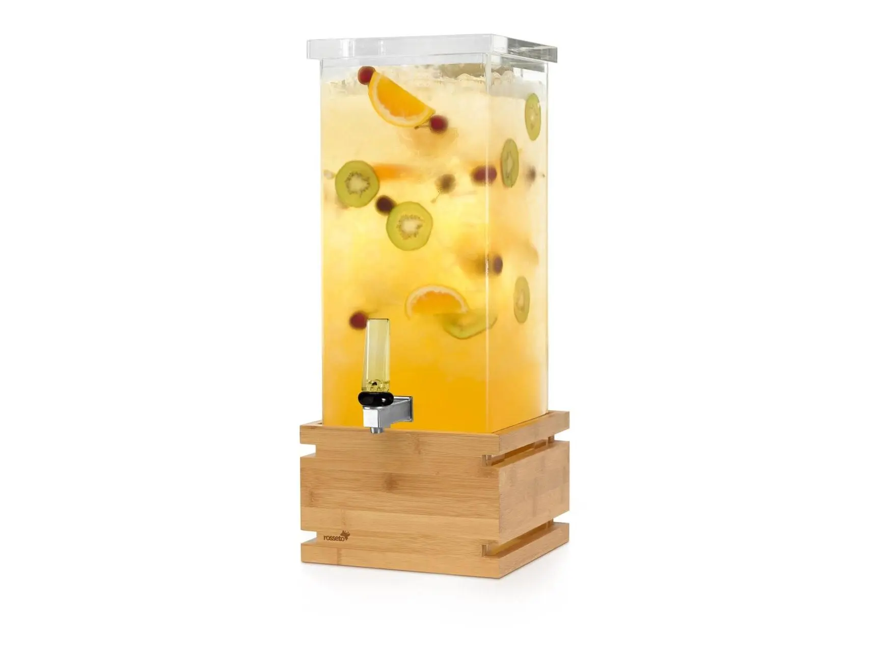 Rosseto LD195 3 gal Square Shape Beverage Dispenser with Natural Bamboo Base, for Efficient Dispensing