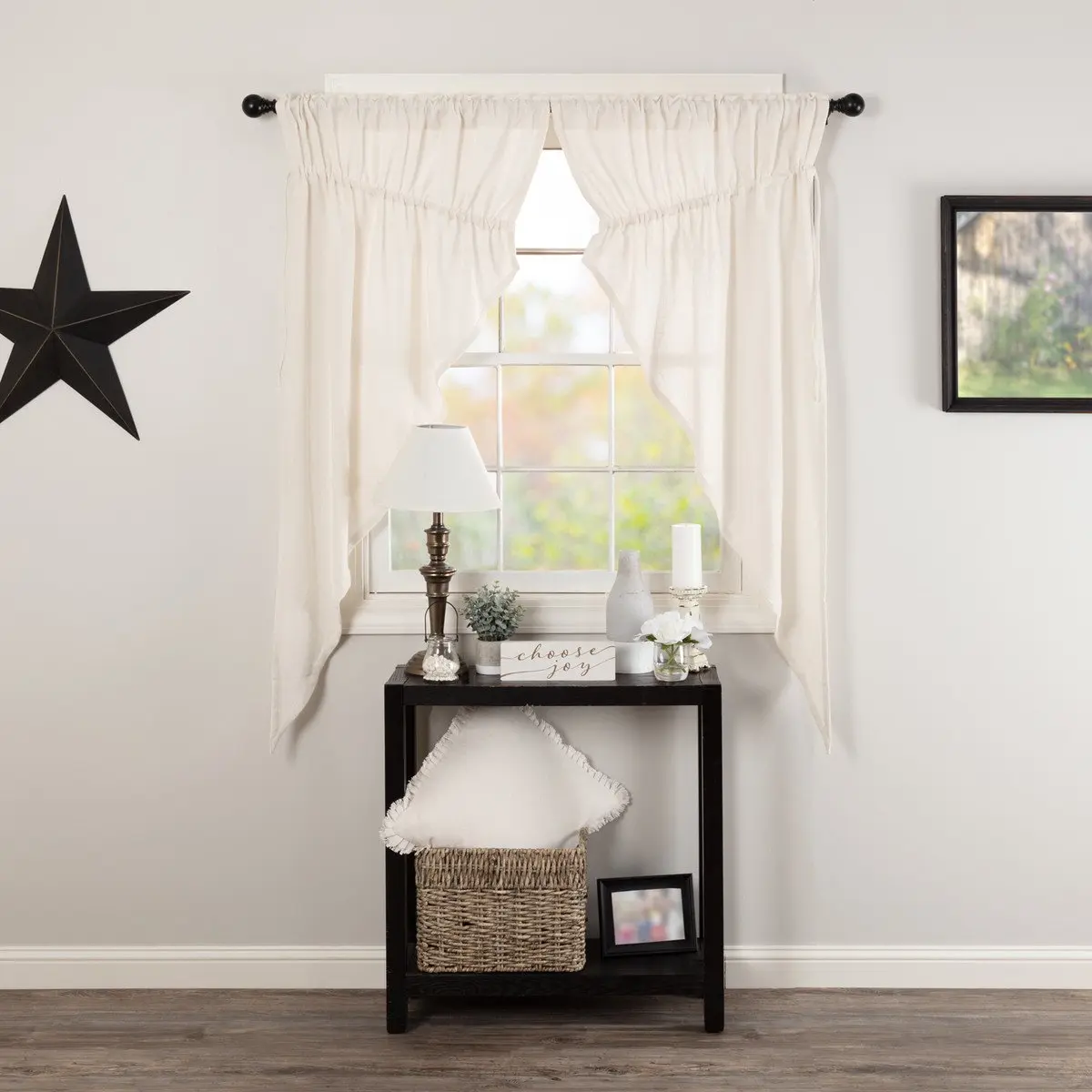 Baxter 100% Cotton Burlap Antique White Prairie Curtain Panels, Drawstring Tie Curtains for Living Room, Kitchen