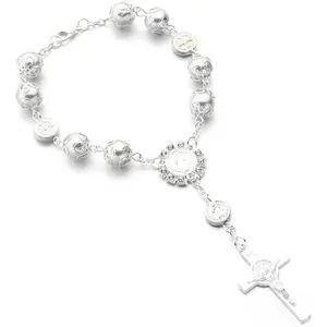 Car Rosary for Rearview Mirror, Personalized Rear View Cross Blessing Beads Decor, Auto Rearview Catholic Rosary Hanging Pendant, Interior Men Women Car Accessories (Silver)