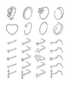 Cute Heart & Flower Decor Nose Ring Set, Cute Jewelry, Stainless Steel Nose Hoop & Nose Studs, Nose Screw Bone Silver Rose Gold Black Rainbow Pack for Women Men, Nose Rings Set