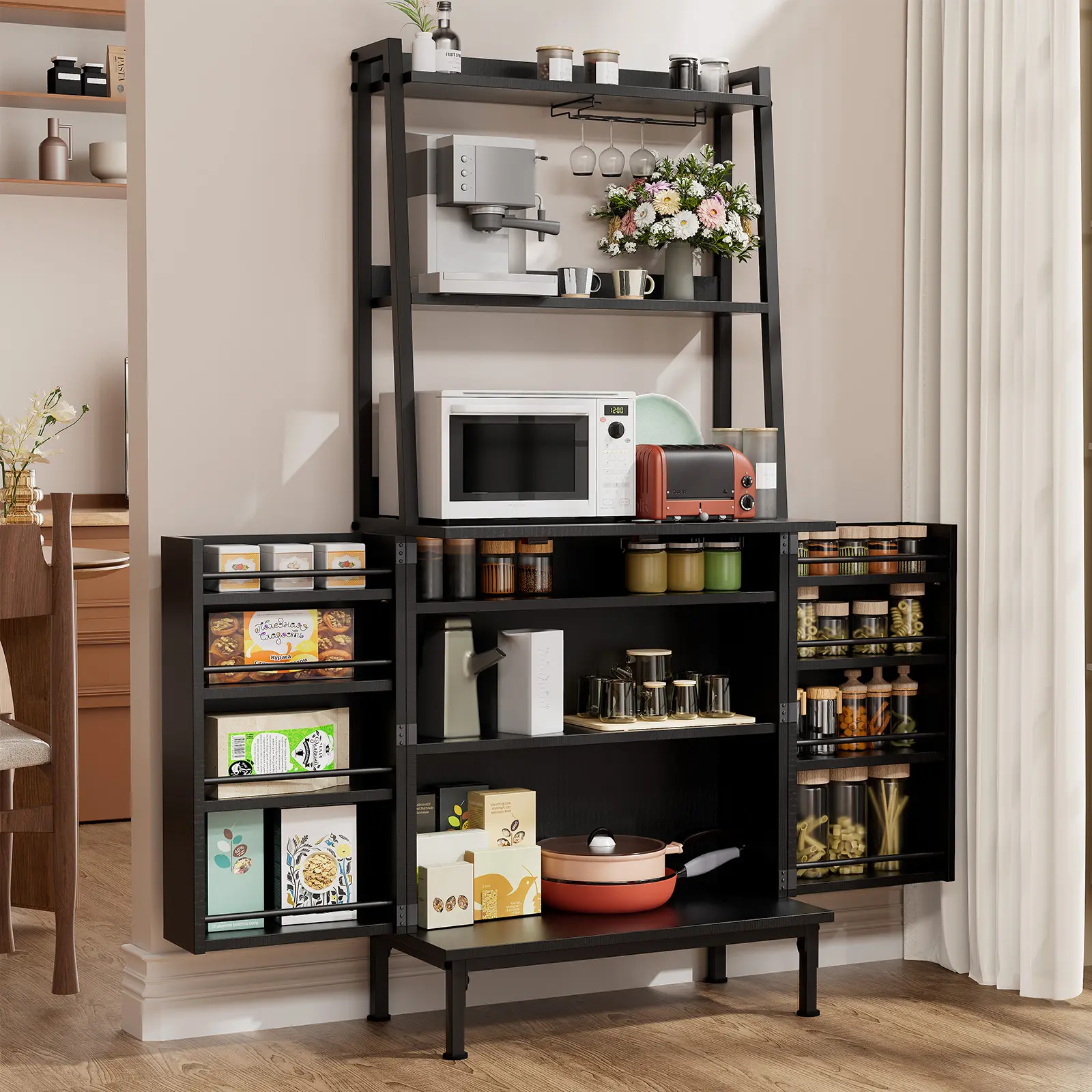 58in Freestanding Pantry Cabinet - Bookshelf with Storage, Microwave Shelf, Adjustable Shelves - Engineered Wood & MDF Buffet Cupboard for Camping Kitchen, Dining Room Storage Organizer, Modern Bookshelf