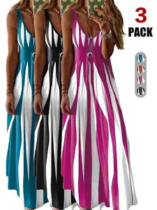 2026 New Elegant V-Neck Long Dress, Striped All over Print, Sleeveless Boho Style, Fitted Cut Out Design, Women's Fashion for Dates and Vacations