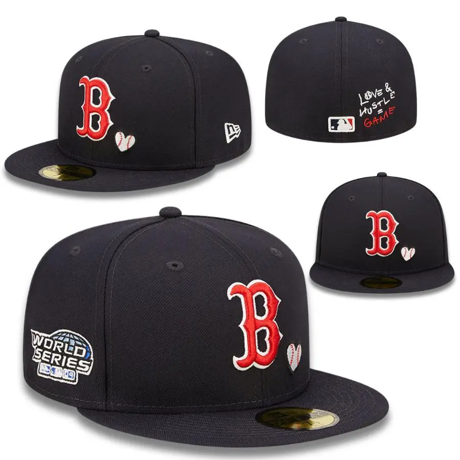 Boston Red Sox New Era 59FIFTY Fitted Cap – Black MLB Flat Bill Hat with Embroidered Heart Logo & World Series Side Patch