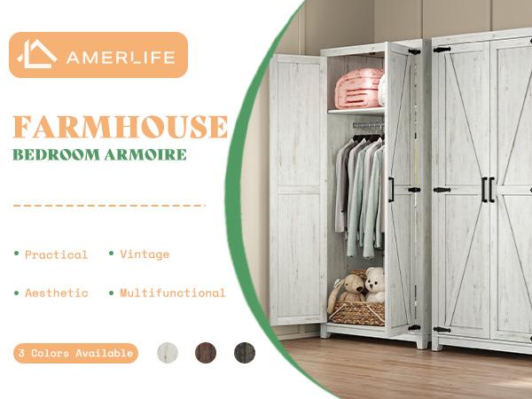 [Spring Sale] AMERLIFE 71'' Farmhouse Armoire Wardrobe Closet with 2 Barn Doors, Storage Cabinet with Hanging Rod & Shelf, Versatile Clothing Storage